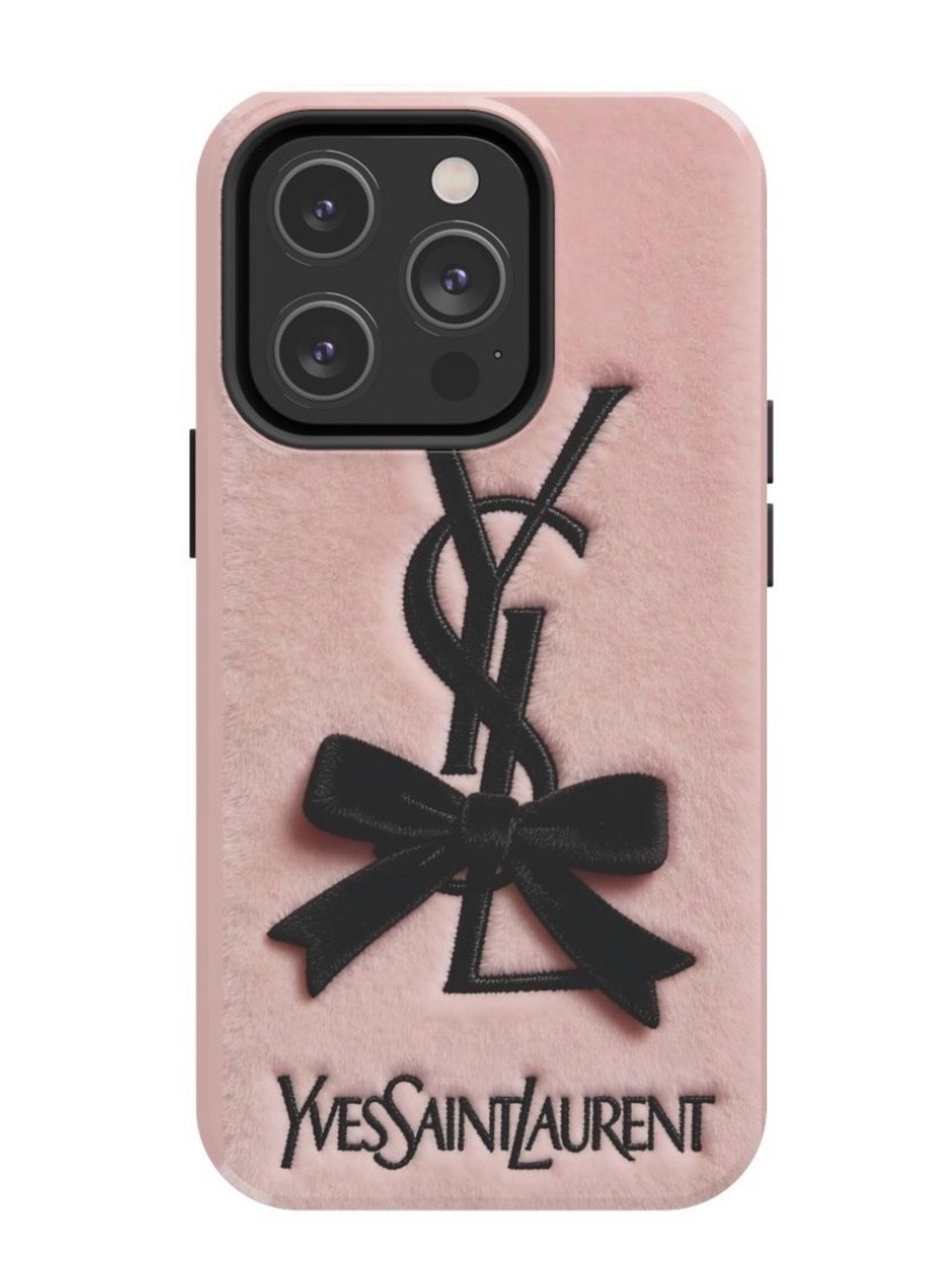 Yves Saint Laurent Pink Faux Fur Phone Case with Black YSL Logo and Bow